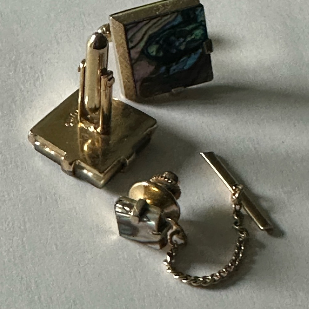 Gold and Abalone Cufflinks with Tie Tack